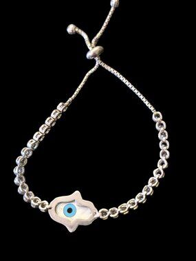 925 Sterling Hamsa Mother Of Pearl Evil Eye CZ OSFM Bolo Bracelet
